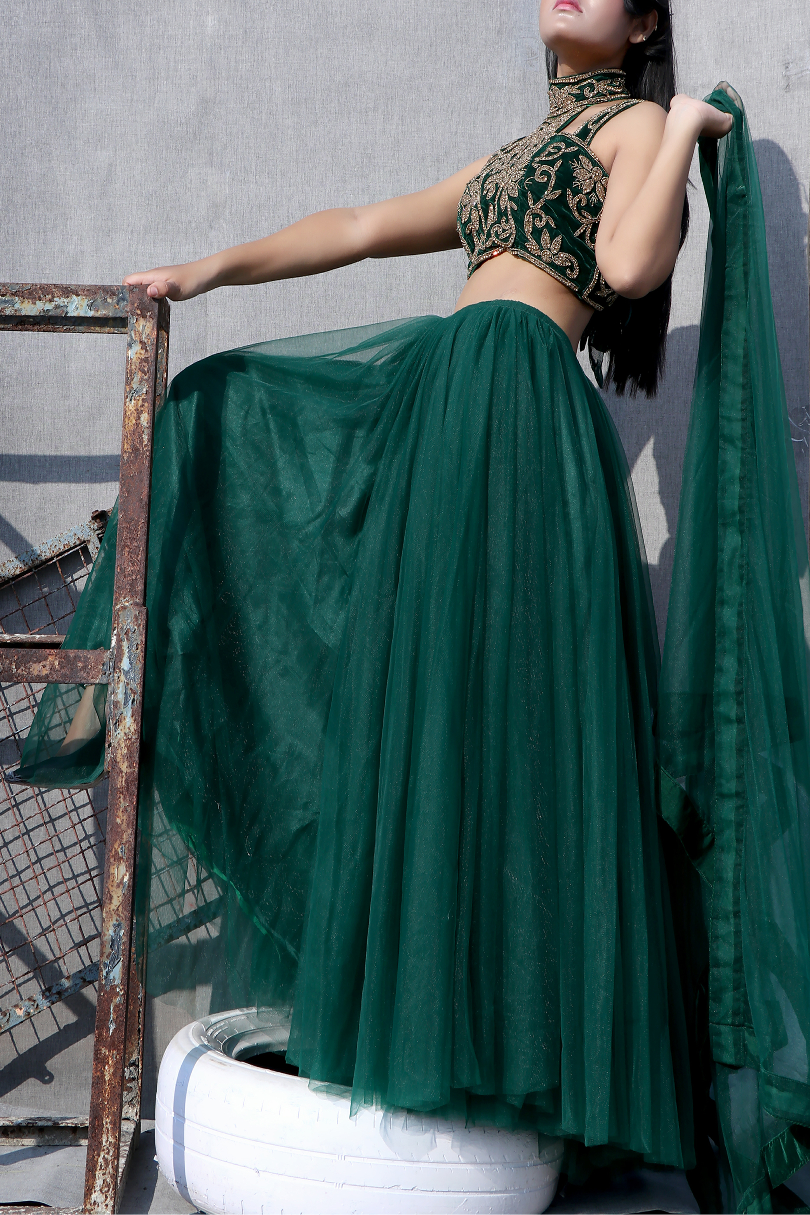 Green Color Heavy Flair Net Lehenga With High Neck Blouse & Dupatta Ready To Wear Party Lehenga